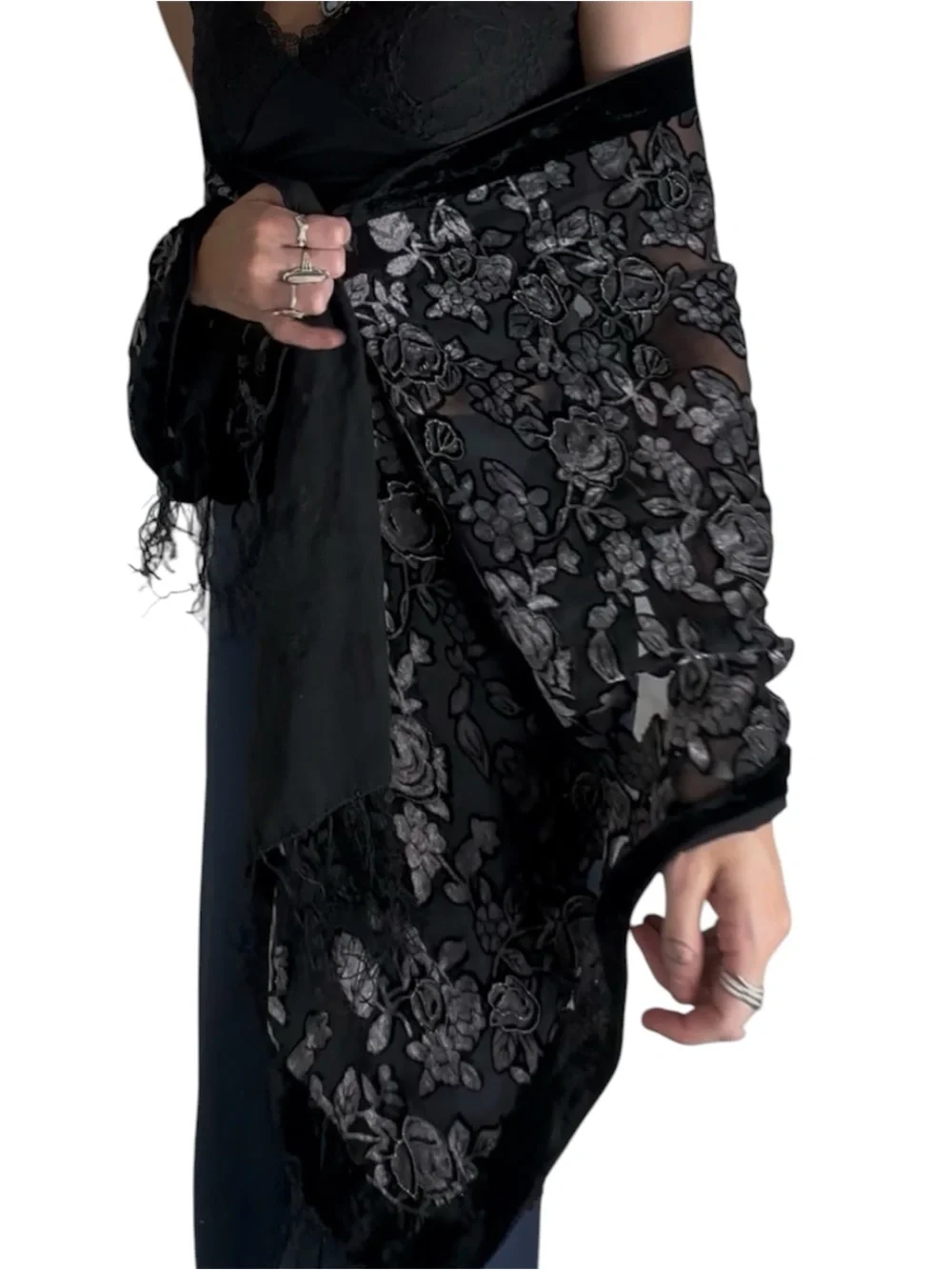 Vintage 90s Black Velvet Floral Burnout Shawl Scarf